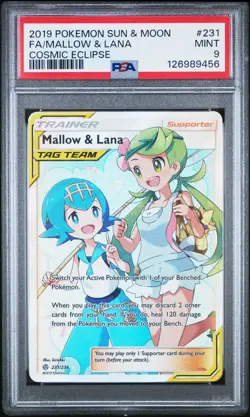 2019 POKEMON SUN & MOON COSMIC ECLIPSE #231 FULL ART/MALLOW & LANA PSA 9 - Image 1