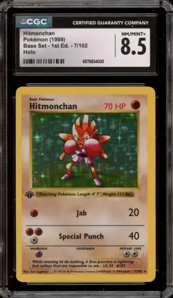 Pokemon Hitmonchan Base Set Shadowless 1st Edition Holo Rare #7 CGC 8.5 - Image 1
