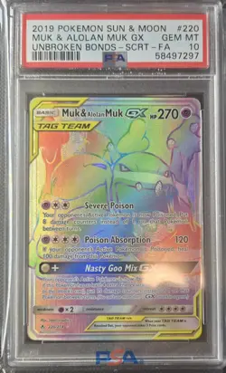 2019 POKEMON SUN & MOON UNBROKEN BONDS #220 MUK & ALOLAN MUK GX SECRET PSA 10 - Image 1