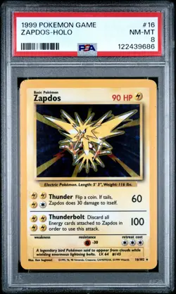 1999 POKEMON BASE SET UNLIMITED #16 ZAPDOS-HOLO PSA 8 - Image 1