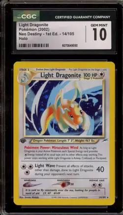 Pokemon Light Dragonite Neo Destiny 1st Edition Holo Rare #14 CGC 10 Gem Mint - Image 1