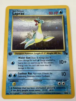Pokemon TCG Lapras 1st Edition Rare Holo Card #10/62 Fossil MP Scratches - Image 1