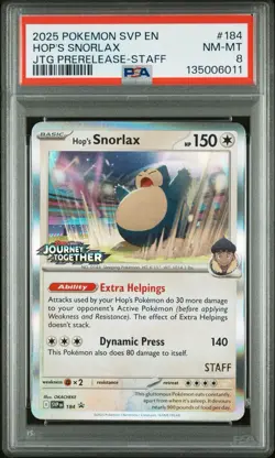 2025 POKEMON JOURNEY TOGETHER PRERELEASE-STAFF #184 HOP'S SNORLAX PSA 8 - Image 1