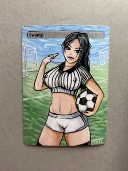 MTG Painted Anime Girl Soccer Referee Swamp Alter Card Magic The Gathering - Image 1