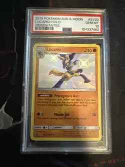 2019 Pokemon Sun & Moon Hidden Fates Lucario Holo Card SV22/SV94 PSA 10 Gem Mint - Image 1