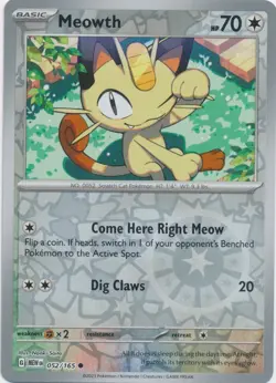 Reverse Holo Meowth 052/165 Common Scarlet and Violet 151 Pokemon TCG - Image 1