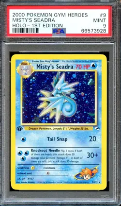 PSA 9 Misty's Seadra 1st Edition Gym Heroes 9/132 Pokemon Card MINT Holo - Image 1
