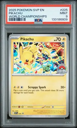 2025 POKEMON SVP EN-SV BLACK STAR PROMO WORLD CHAMPIONSHIPS #225 PIKACHU PSA 9 - Image 1