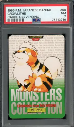 Pokemon Japanese Growlithe Bandai Carddass Vending 1996 Green No. 058 PSA 7 - Image 1
