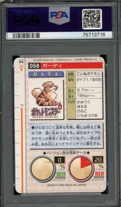 Pokemon Japanese Growlithe Bandai Carddass Vending 1996 Green No. 058 PSA 7 - Image 2