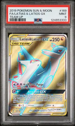 2019 POKEMON SUN & MOON TEAM UP #169 FULL ART/LATIAS & LATIOS GX PSA 9 - Image 1