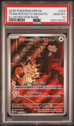 2025 POKEMON DRI EN DESTINED RIVALS 203 TEAM ROCKET'S MEOWTH ILLUSTRATION PSA 10 - Image 1