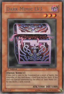 Yugioh Dark Mimic LV3 SOD-EN010 Rare 1st Edition NM - Image 1