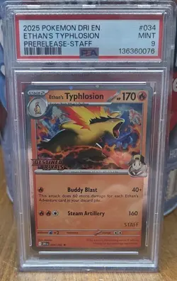 Pokemon Ethan's Typhlosion Destined Rivals STAFF Prerelease Holo Rare #034 PSA 9 - Image 1
