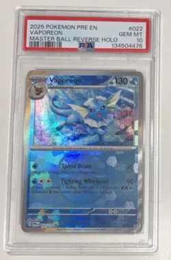 POKEMON VAPOREON MASTER BALL REVERSE HOLO PSA 10 PRISMATIC EVOLUTIONS #074 - Image 1
