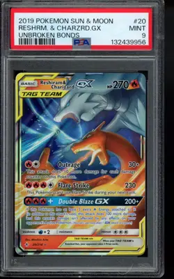 PSA 9 Reshiram & Charizard GX 20/214 Sm-Unbroken Bonds Holo Pokemon - Image 1
