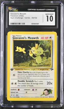 CGC 10 Giovanni's Meowth Gym Challenge 1st Edition 43/132 Pokemon Card - Image 1