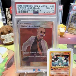 2018 Pokemon Sun & Moon Dragon Majesty Blaine's Last Stand Full Art PSA 10 #69 - Image 1