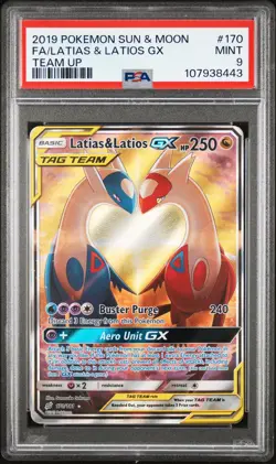 2019 POKEMON SUN & MOON TEAM UP #170 FULL ART/LATIAS & LATIOS GX PSA 9 - Image 1