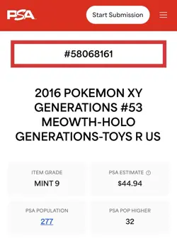 Meowth Pokemon XY Generations Toys R Us Stamped 053 Holo PSA 9 MINT (CB) - Image 3