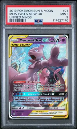 2019 POKEMON SUN & MOON UNIFIED MINDS #71 MEWTWO & MEW GX PSA 9 - Image 1