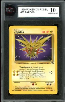 1999 Pokemon Fossil #30 Zapdos Non-Holo KSA 10 Gem Mint - Image 1
