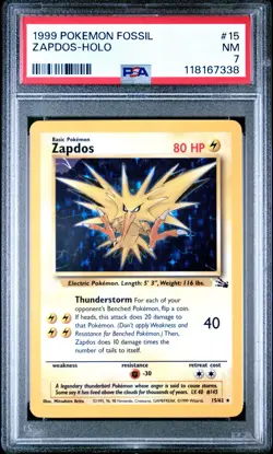 1999 POKEMON FOSSIL #15 ZAPDOS HOLO PSA 7 NM - Image 1