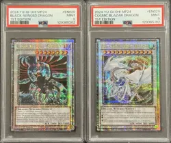 2024 PSA 9 YUGIOH MP24 QC SECRET RARE BLACK WINGED & COSMIC BLAZAR DRAGON SET - Image 1