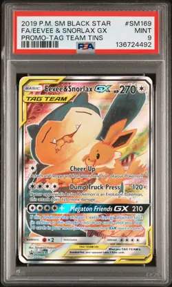 2019 POKEMON SM BLACK STAR PROMO TAG TEAM TINS FULL ART/EEVEE & SNORLAX GX PSA 9 - Image 1