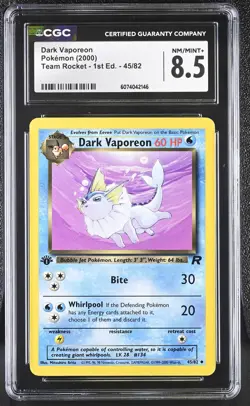CGC 8.5 Dark Vaporeon Team Rocket 1st Edition 45/82 Pokemon Card - Image 1