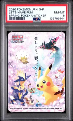 2020 POKEMON JAPANESE S PROMO STICKER LET'S HAVE FUN! SPRING, POKEKA PSA 8 - Image 1