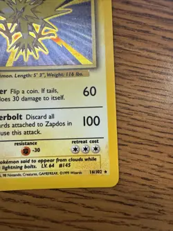 NM LP Zapdos 16/102 Holo Rare - Base Set Pokemon Card - Image 5