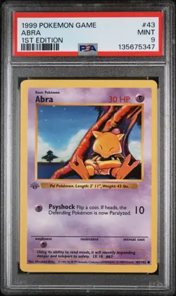 Pokemon Card 43/102 Abra 1st Edition Base Set English - PSA 9 NEW CERT - Image 1
