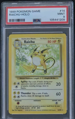 1999 POKEMON BASE SET UNLIMITED #14 RAICHU-HOLO PSA 8 - Image 1