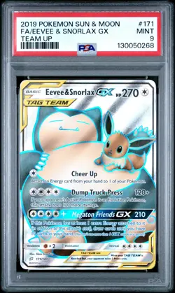 2019 POKEMON SUN & MOON TEAM UP #171 FULL ART/EEVEE & SNORLAX GX PSA 9 - Image 1