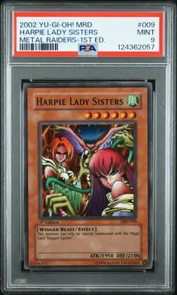 2002 YU-GI-OH! MRD-METAL RAIDERS 1ST ED #009 HARPIE LADY SISTERS PSA 9 - Image 1