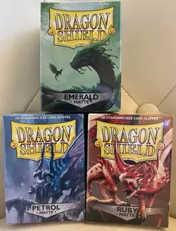 100 Count Pack Dragon Shield Matte Deck Sleeves Protectors Emerald/Ruby/Petrol - Image 1