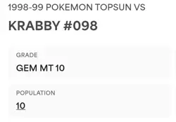 PSA 10 GEM MINT Krabby Vs. Pidgey #098 Topsun Carddass Pokemon TCG 1998 POP 10 - Image 2