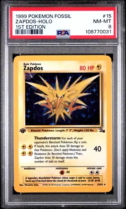 Zapdos - Holo - 1st Edition - PSA 8 - Fossil - 1999 - #15/62 - Pokemon - Vintage - Image 1