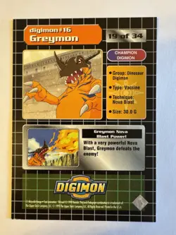 1999 Digimon Card Greymon #16 HOLO 19 of 34 - Image 2