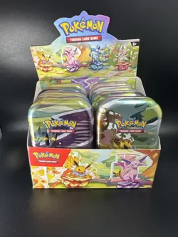 EMPTY Pokemon Prismatic Evolutions Mini Tins Complete Display With COIN + INSERT - Image 1