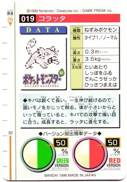 Pokemon Japanese Rattata Bandai Carddass Vending Red Version No. 019 - Image 2