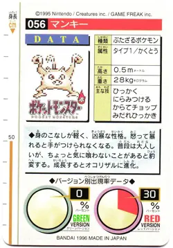 Pokemon Japanese Mankey Bandai Carddass Vending Red Version No. 056 - Image 2