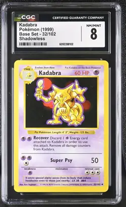 CGC 8 Kadabra 1999 Base Set 32/102 Shadowless Pokemon Card - Image 1