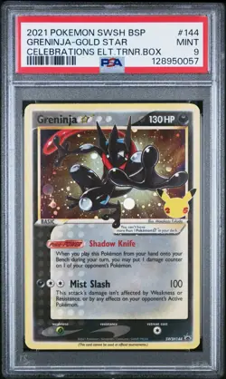 2021 Pokemon Celebrations SWSH BSP 144 Greninja Gold Star Holo PSA 9 Mint Rare - Image 1
