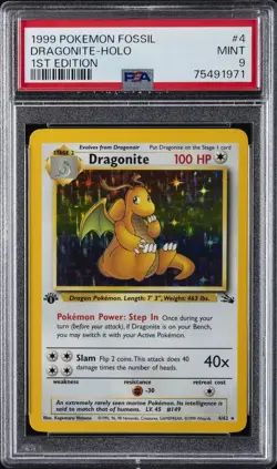 1999 POKEMON FOSSIL 1ST ED #4 DRAGONITE-HOLO PSA 9 - Image 1