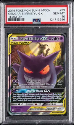 2019 POKEMON SUN & MOON TEAM UP #53 GENGAR & MIMIKYU GX PSA 10 - Image 1
