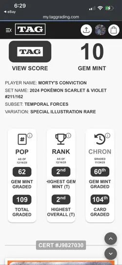 Pokemon SIR Morty's Conviction 211/162 Temporal Forces TAG 10 Gem Mint - Image 3