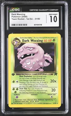 CGC 10 GEM MINT Dark Weezing Team Rocket 1st Edition 31/82 Pokemon Card - Image 1