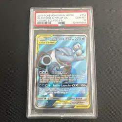 Pokemon Sun & Moon Cosmic Eclipse Blastoise & Piplup GX Full Art 214/236 PSA 10 - Image 1